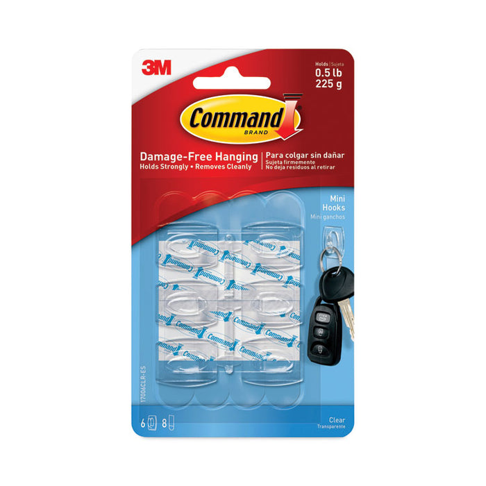 Mini Clear Hooks, Plastic, Supports 0.5 lb, 6/Pack