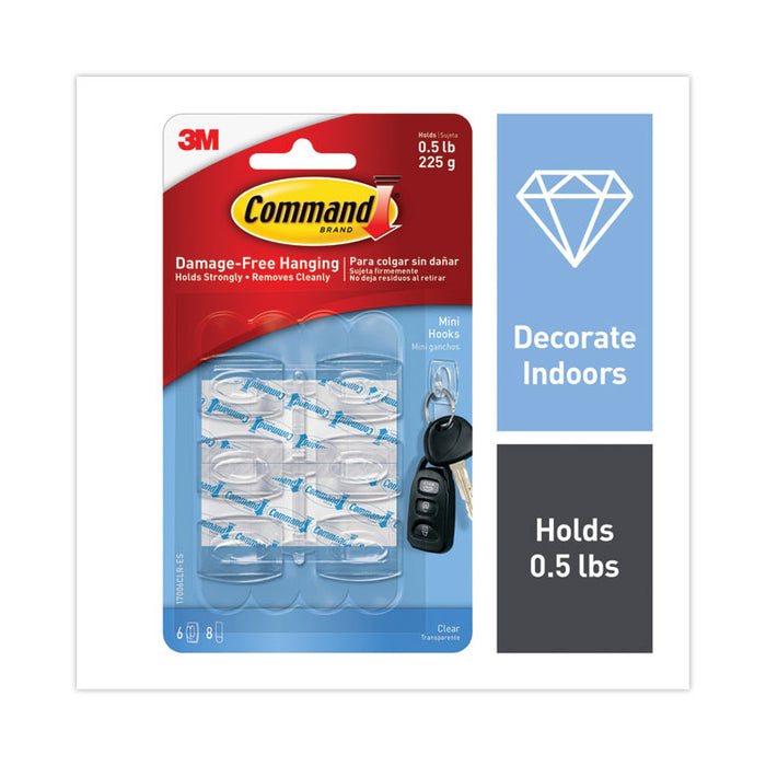 Mini Clear Hooks, Plastic, Supports 0.5 lb, 6/Pack