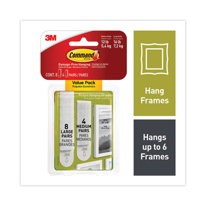 Damage-Free Hanging Picture Hanging Strip Pairs, (8) Large (0.63" x 3.63"), (4) Medium (0.5" x 2.75"), White, 12/Pack