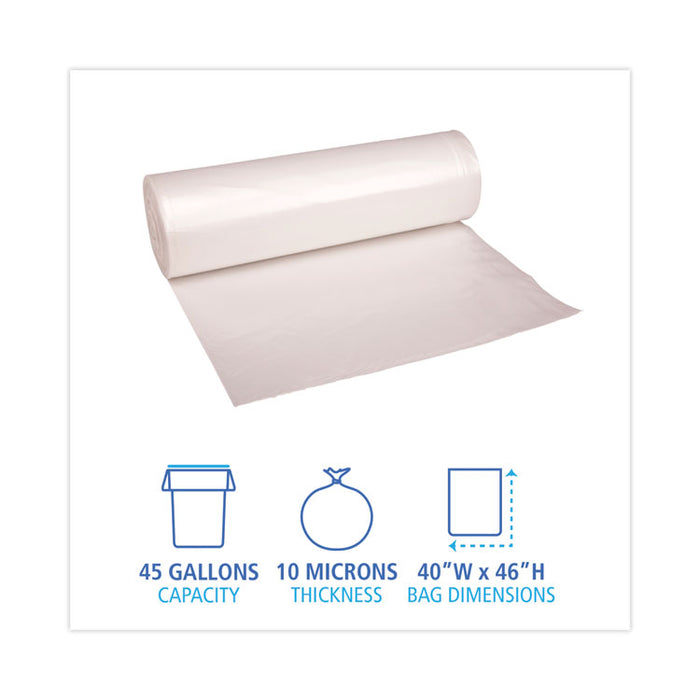 High-Density Can Liners, 45 gal, 10 mic, 40" x 46", Natural, Perforated Roll, 25 Bags/Roll, 10 Rolls/Carton