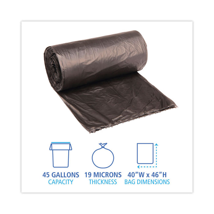 High-Density Can Liners, 45 gal, 19 mic, 40" x 46", Black, Perforated Roll, 25 Bags/Roll, 6 Rolls/Carton
