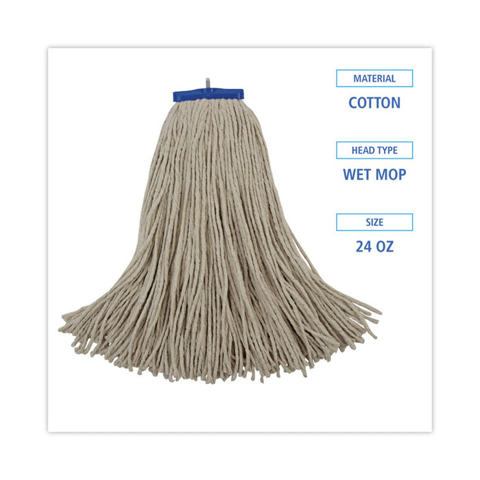 Cut-End Lie-Flat Wet Mop Head, Cotton, 24 oz, White, 12/Carton