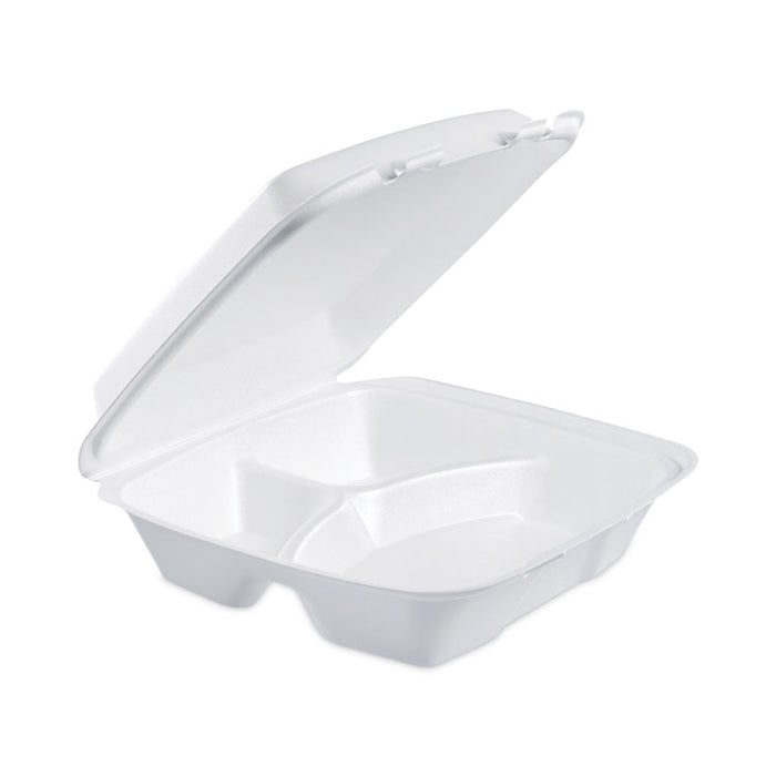 Insulated Foam Hinged Lid Containers, 3 Compartments, 9 x 9.4 x 3, White, 100/Sleeve, 2 Sleeves/Carton