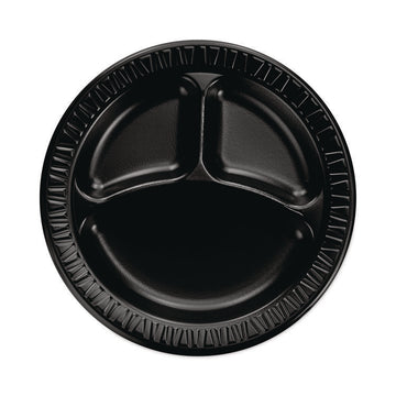 Quiet Classic Laminated Foam Dinnerware, 3-Compartment Plate, 9" dia, Black, 125/Sleeve, 4 Sleeves/Carton