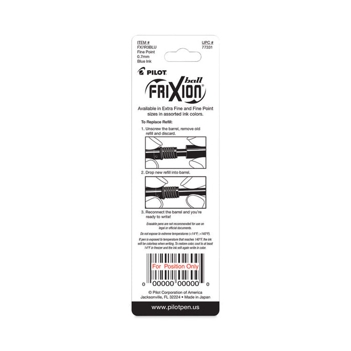 Refill for Pilot FriXion Erasable, FriXion Ball, FriXion Clicker and FriXion LX Gel Ink Pens, Fine Tip, Blue Ink, 3/Pack