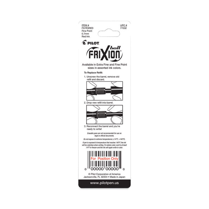 Refill for Pilot FriXion Erasable, FriXion Ball, FriXion Clicker and FriXion LX Gel Ink Pens, Fine Tip, Red Ink, 3/Pack
