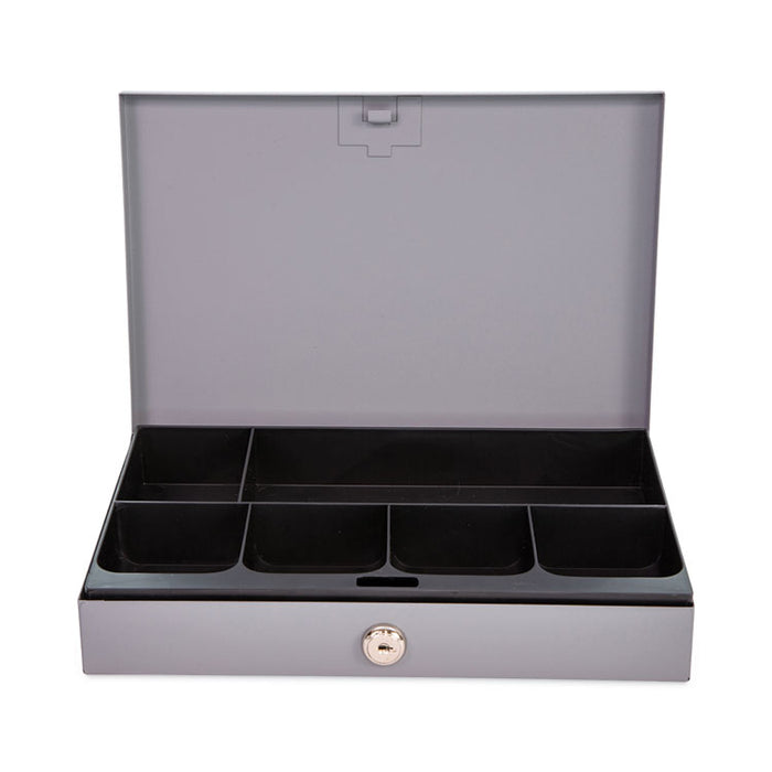 Heavy Duty Low Profile Cash Box, 6 Compartments, Key Lock, 11.5" x 8.2" x 2.2", Gray