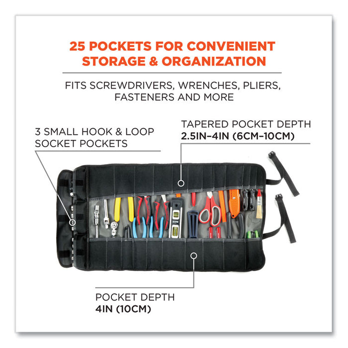 Arsenal 5870 Tool Roll-Up, 25 Compartments, 27 x 14.5, Polyester, Gray