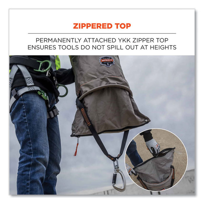 Arsenal 5974 Hoist Bucket Tool Bag with Swiveling Carabiner and Zipper Top, 150 lb, Gray