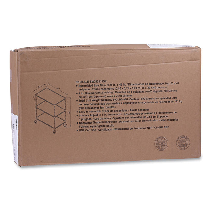 Three-Shelf Wire Cart with Liners, Metal, 3 Shelves, 600 lb Capacity, 34.21" x 18" x 40", Silver