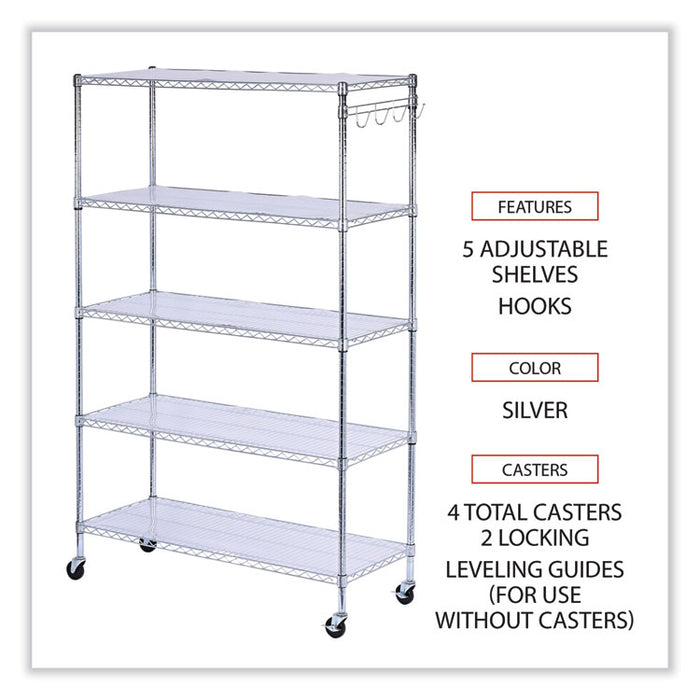 5-Shelf Wire Shelving Kit with Casters and Shelf Liners, 48w x 18d x 72h, Silver