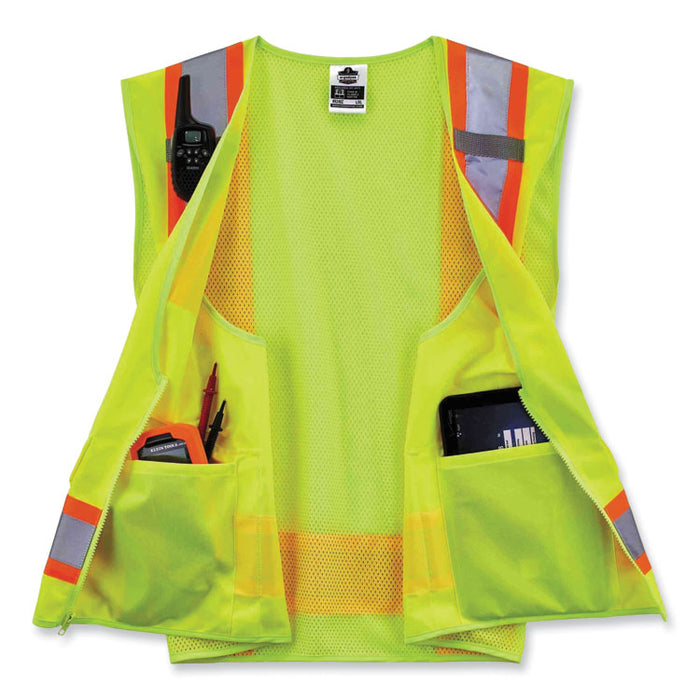 GloWear 8248Z Class 2 Two-Tone Surveyors Zipper Vest, Polyester, Large/X-Large, Lime