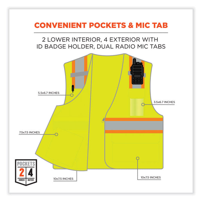GloWear 8246Z Class 2 Two-Tone Mesh Reflective Binding Zipper Vest, Polyester, Large/X-Large, Lime