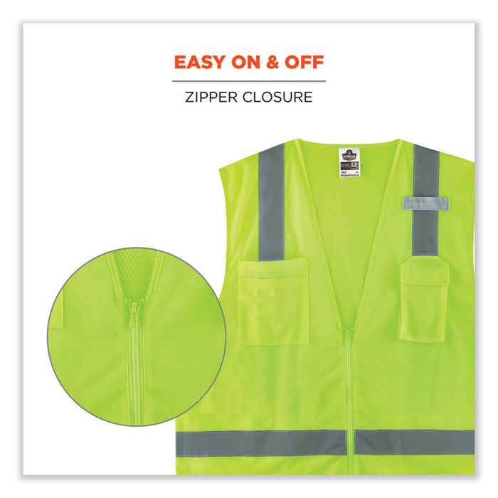 GloWear 8249Z-S Single Size Class 2 Economy Surveyors Zipper Vest, Polyester, Large, Lime