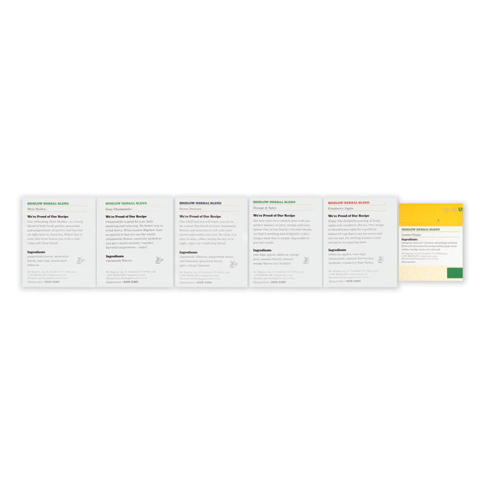 Assorted Herbal Tea Bags, Six Flavors, 28/Box, 168/Carton