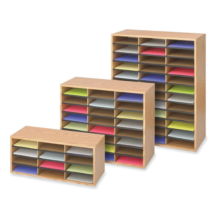 Wood/Corrugated Literature Organizer, 36 Compartments, 29 x 12 x 34.5, Medium Oak
