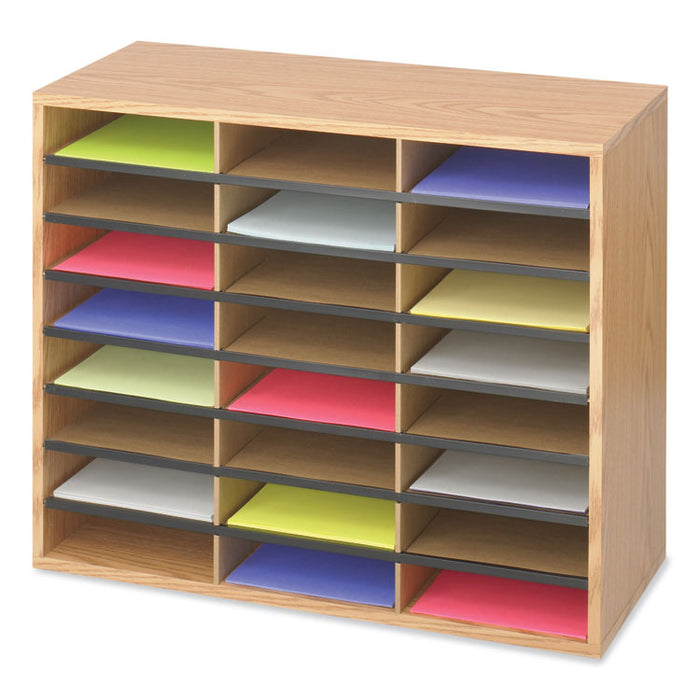 Wood/Corrugated Literature Organizer, 24 Compartments, 29 x 12 x 23.5, Medium Oak