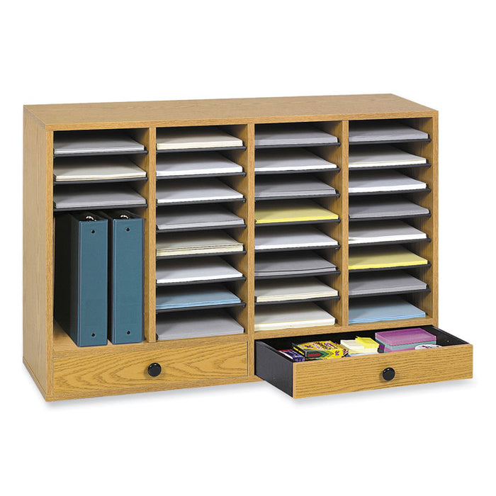 Wood Adjustable Literature Organizer, 32 Compartments, 39.25 x 11.75 x 25.25, Medium Oak