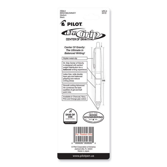 Dr. Grip Center of Gravity Ballpoint Pen, Retractable, Medium 1 mm, Black Ink, Silver/Navy Barrel