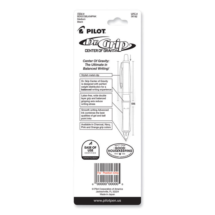 Dr. Grip Center of Gravity Ballpoint Pen, Retractable, Medium 1 mm, Black Ink, Silver/Pink Barrel