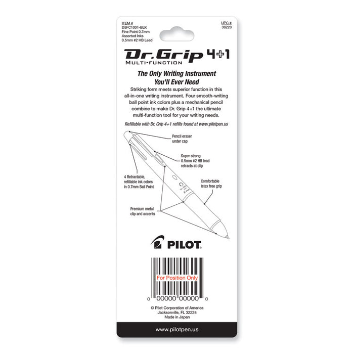 Dr. Grip 4 + 1 Multi-Color Ballpoint Pen/Pencil, Retractable, 0.7mm Pen/0.5mm Pencil, Black/Blue/Green/Red Ink, Black Barrel