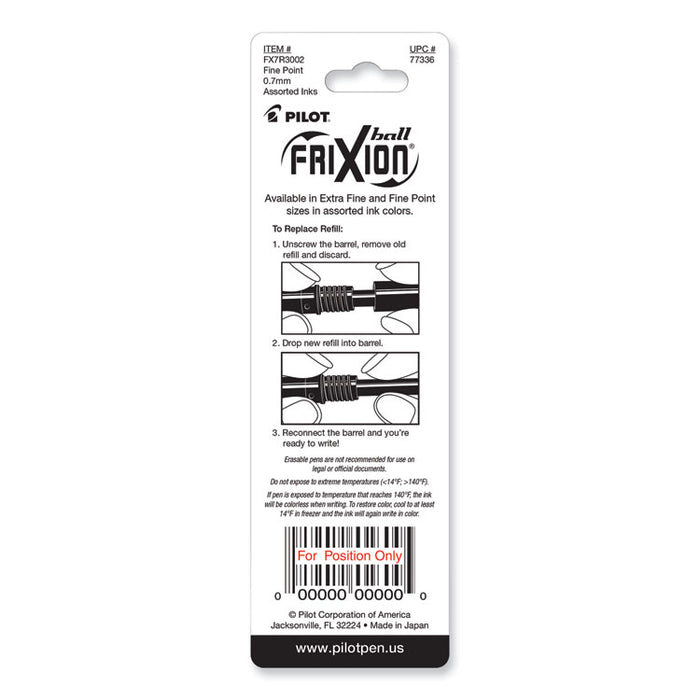 Refill for Pilot FriXion Erasable, FriXion Ball, FriXion Clicker and FriXion LX Gel Ink Pens, Fine Tip, Assorted Ink, 3/Pack