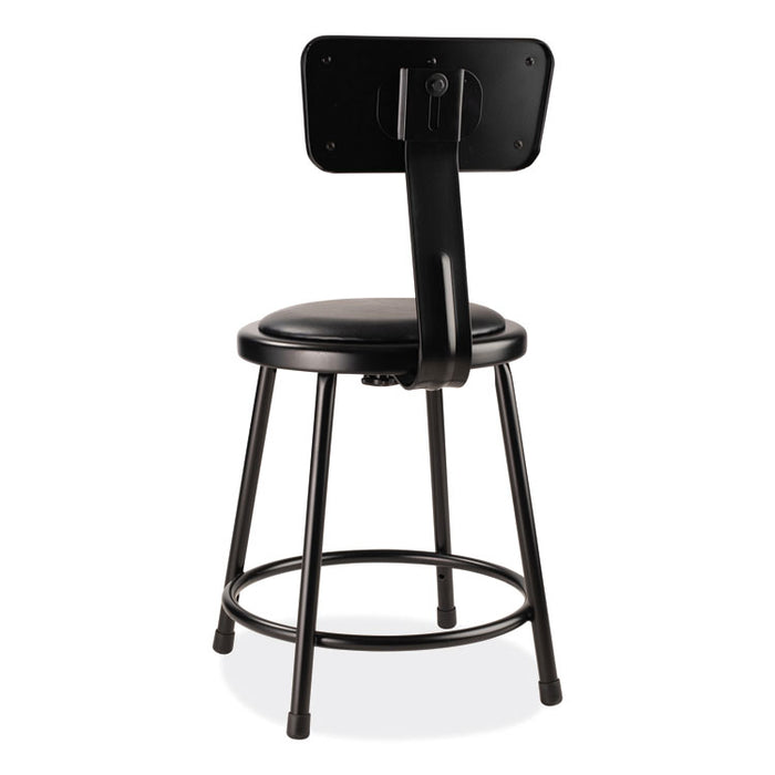 6400 Series Heavy Duty Vinyl Padded Stool with Backrest, Supports 300 lb, 18" Seat Height, Black Seat, Black Back, Black Base