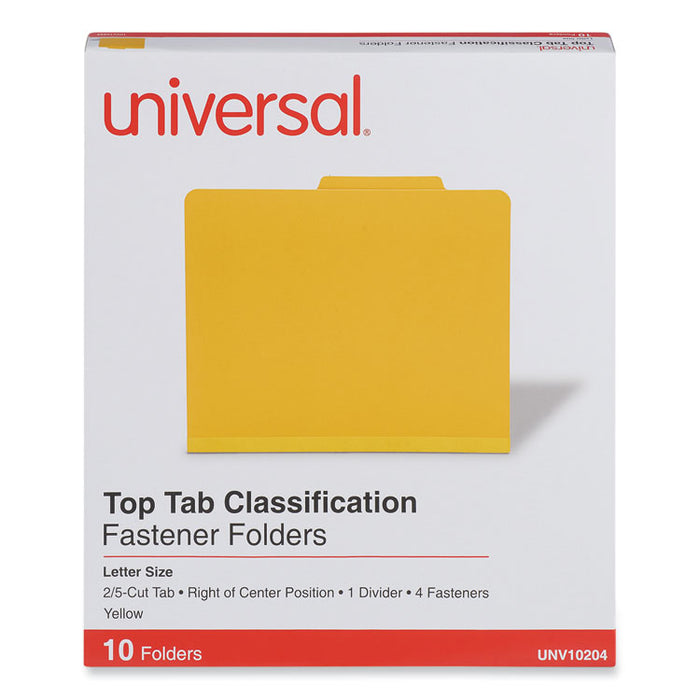 Pressboard Classification Folders, 2/5-Cut Tab, Expands 2", 1 Divider, 4 Fasteners, Letter Size, Yellow, 10/Box