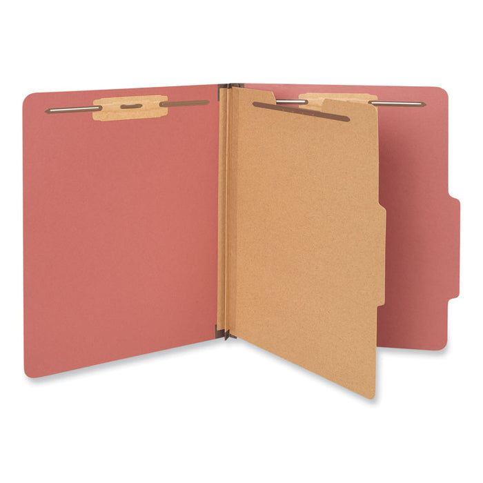 Pressboard Classification Folders, 2/5-Cut Tab: Right of Center, Expands 2", 1 Divider, 4 Fasteners, Letter Size, Red, 10/Box