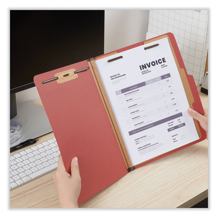 Pressboard Classification Folders, 2/5-Cut Tab: Right of Center, Expands 2", 1 Divider, 4 Fasteners, Letter Size, Red, 10/Box