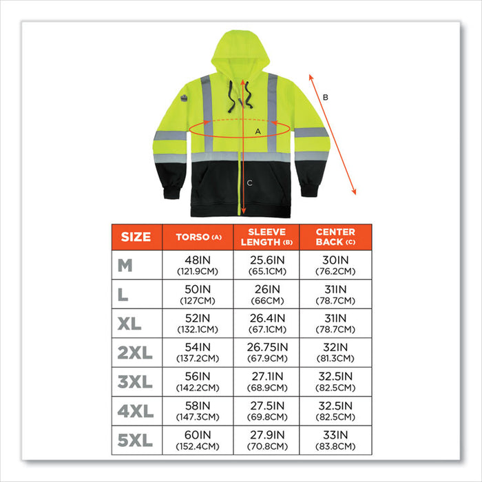 GloWear 8372 ZipUp HiVis Class 3 Zip Hooded Sweatshirt with Black Bottom, 3X-Large, Lime