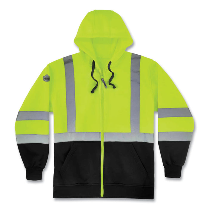 GloWear 8372 ZipUp HiVis Class 3 Zip Hooded Sweatshirt with Black Bottom, Large, Lime