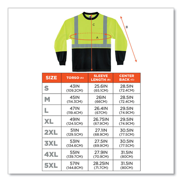 GloWear 8291BK Type R Class 2 Black Front Long Sleeve T-Shirt, Small, Lime