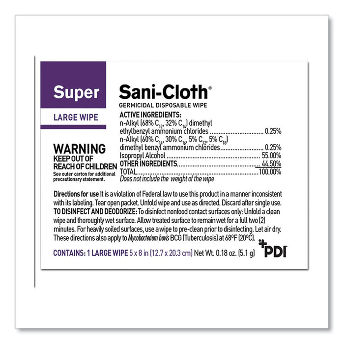 Super Sani-Cloth Individually Wrapped Germicidal Disposable Wipes, Large, 1-Ply, 5 x 8, Unscented, White, 50/Pack