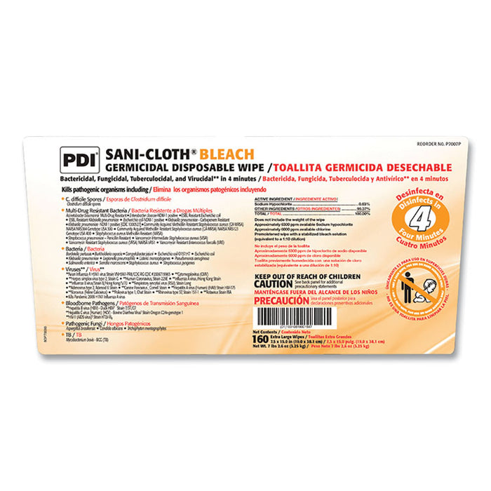 Sani-Cloth Bleach Germicidal Disposable Wipes, 1-Ply, 7.5 x 15, Unscented, White, 160/Pail, 2 Pails/Carton