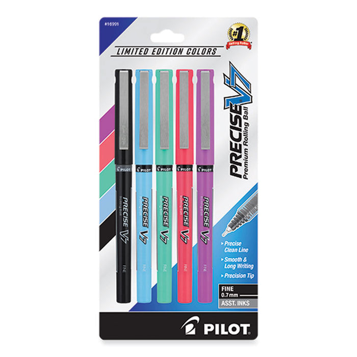 Precise V7 Rollerball Pen, Stick, Fine 0.7 mm, Assorted Ink and Barrel Colors, 5/Pack