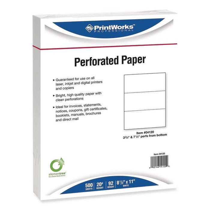 Perforated Paper, 3.66" and 7.33" from Bottom, 92 Bright, 20 lb Bond Weight, 8.5 x 11, White, 500/Ream, 5 Reams/Carton