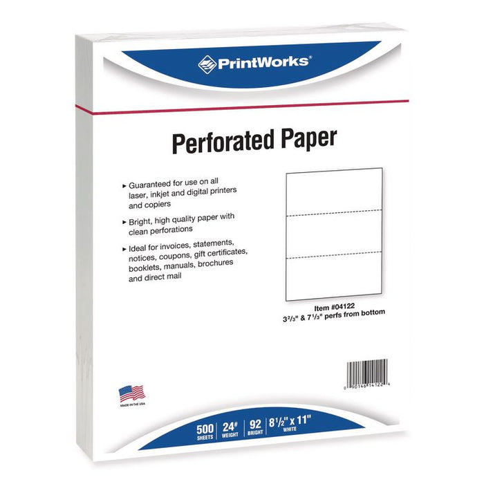 Perforated Paper, 3.66" and 7.33" from Bottom, 92 Bright, 24 lb Bond Weight, 8.5 x 11, White, 500/Ream, 5 Reams/Carton