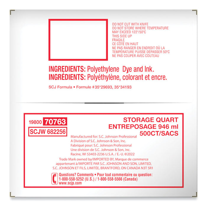 Double Zipper Storage Bags, Quart, 7" x 7.75", Clear, 500/Box
