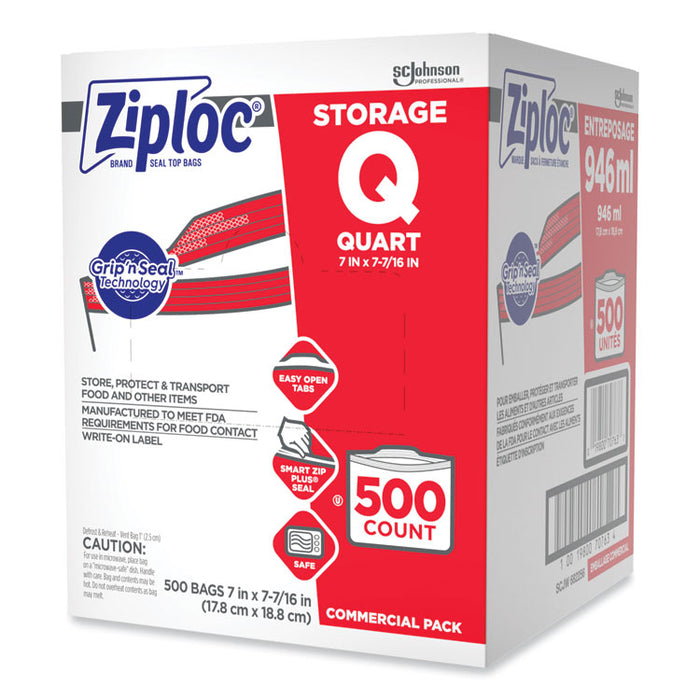 Double Zipper Storage Bags, Quart, 7" x 7.75", Clear, 500/Box