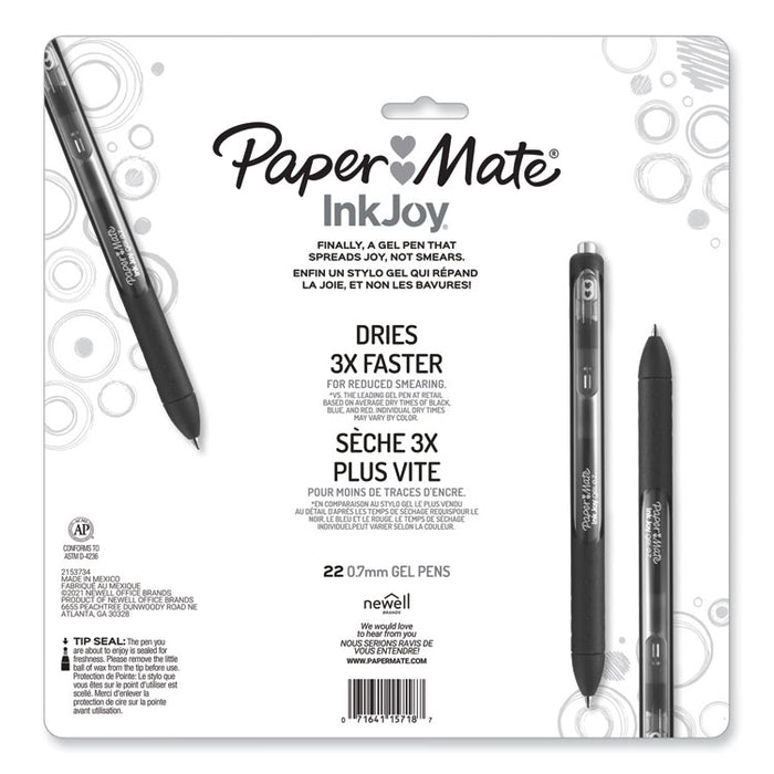 InkJoy Gel Pen, Retractable, Medium 0.7 mm, Assorted Ink and Barrel Colors, 22/Pack