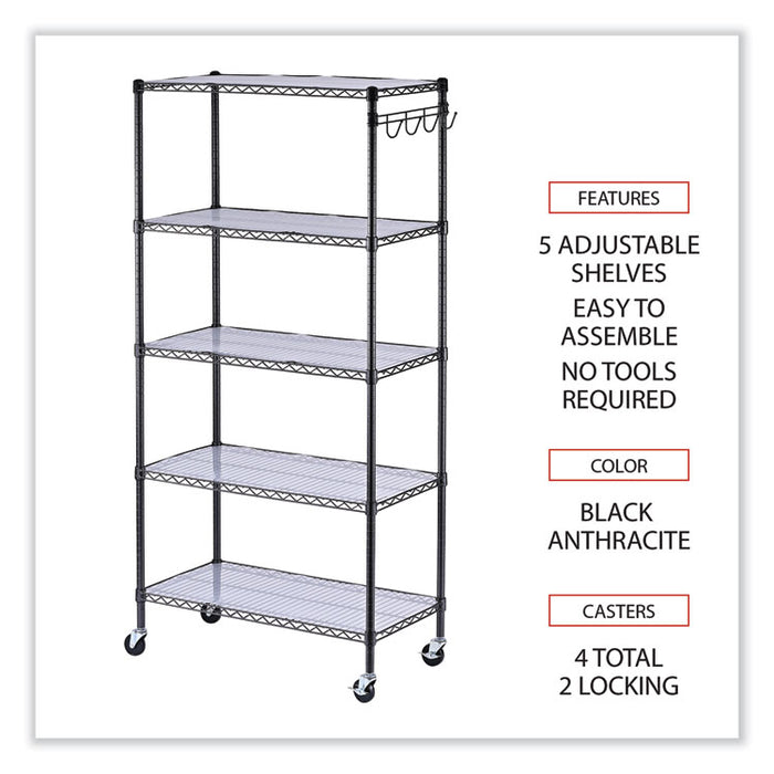 5-Shelf Wire Shelving Kit with Casters and Shelf Liners, 36w x 18d x 72h, Black Anthracite