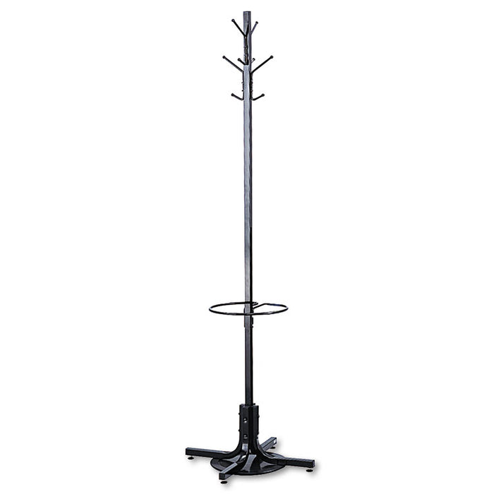 Metal Costumer with Umbrella Holder, Four Ball-Tipped Double-Hooks, 21w x 21d x 70h, Black