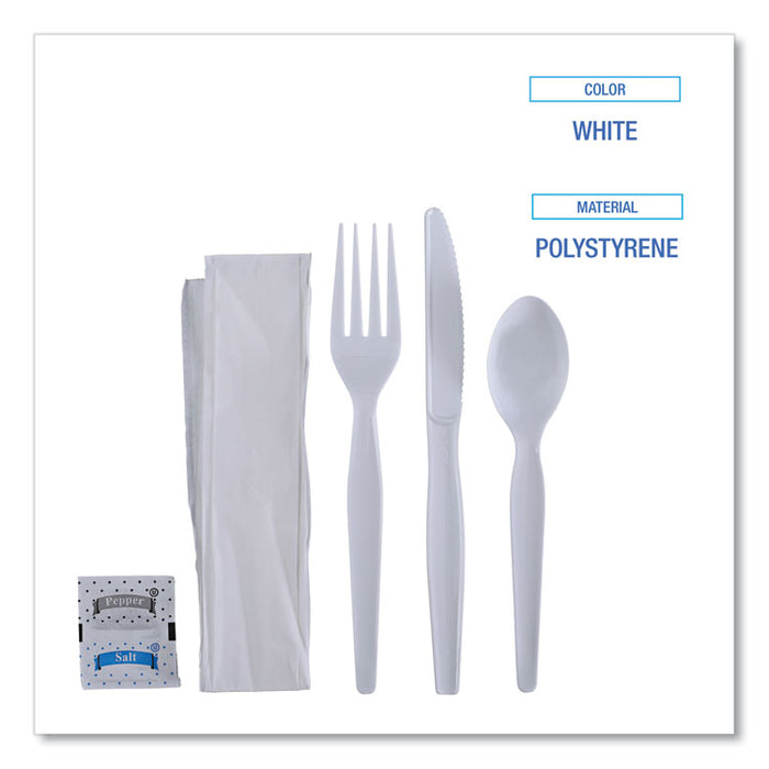 Six-Piece Cutlery Kit, Heavyweight, Fork/Knife/Napkin/Pepper/Salt/Spoon, Plastic, White, 250/Carton
