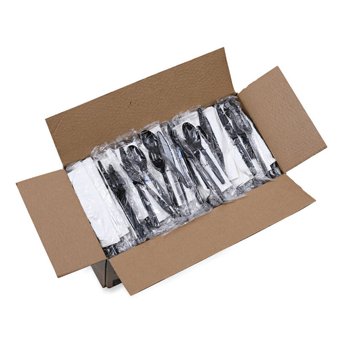 Six-Piece Cutlery Kit, Mediumweight, Fork/Knife/Napkin/Pepper/Salt/Spoon, Plastic, Black, 250/Carton