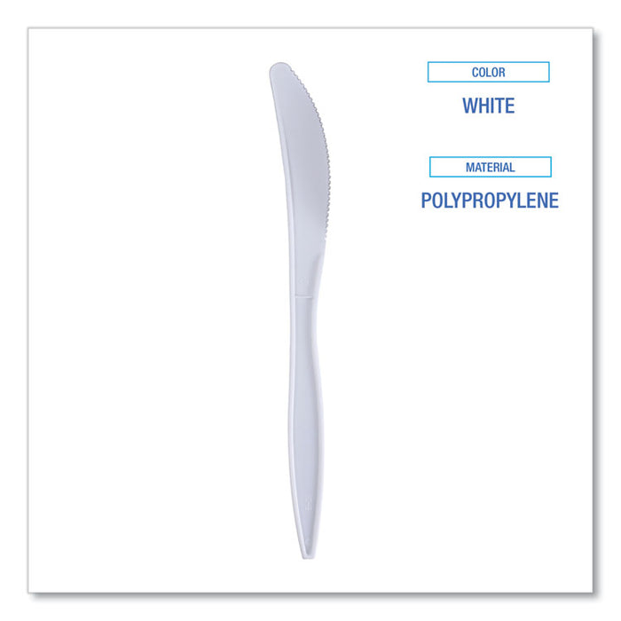Mediumweight Wrapped Polypropylene Cutlery, Knife, Plastic, White, 1,000/Carton
