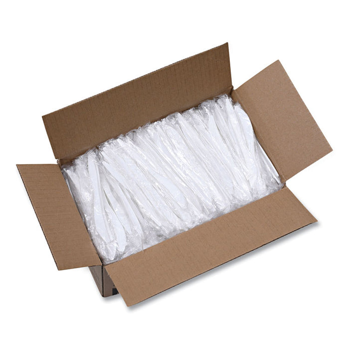 Mediumweight Wrapped Polypropylene Cutlery, Knife, Plastic, White, 1,000/Carton