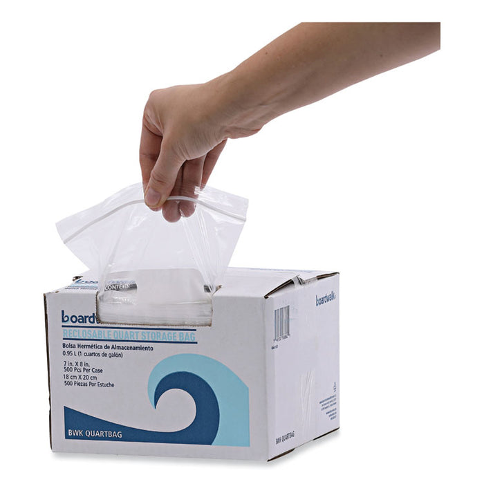 Reclosable Food Storage Bags, Quart, 7" x 8", Clear, 500/Box