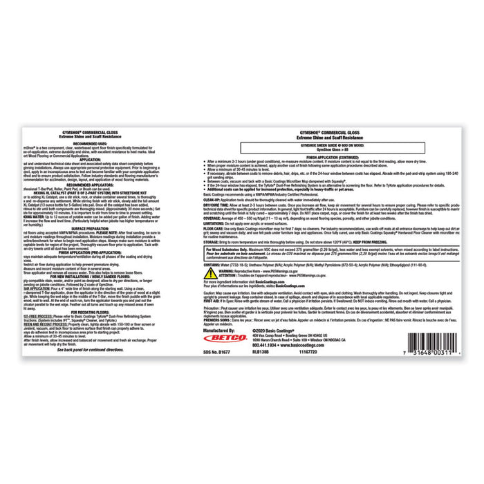 GymShoe Gloss Sport Finish, 1 gal Bottle, 4/Carton