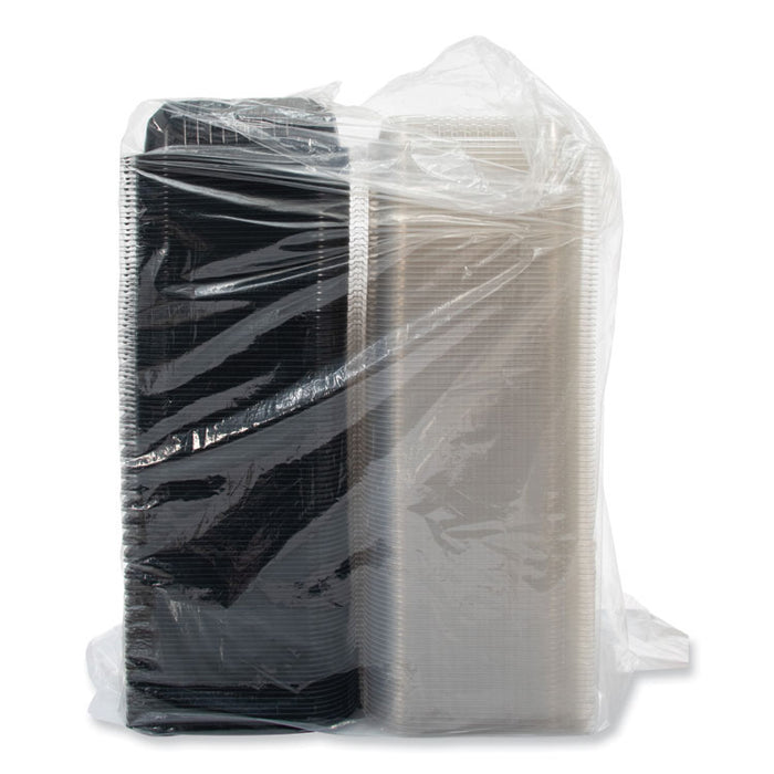 Creative Carryouts Hinged Plastic Hot Deli Boxes, 2 Compartments, 8.05 x 11.5 x 2.95, Black/Clear, 100/Carton